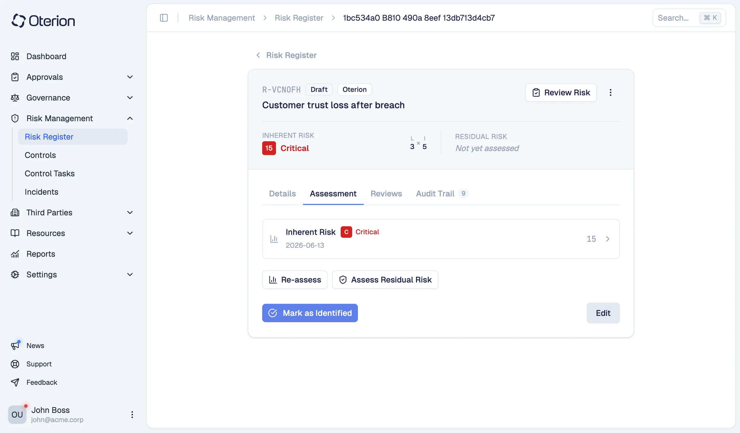 Oterion platform compliance dashboard
